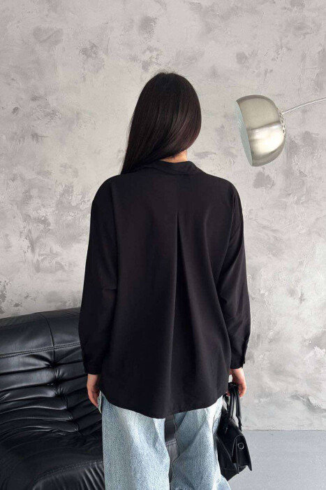 ONE COLOR SINGLE POCKET LONG SLEEVE WOMEN SHIRT BLACK/ E ZEZE - 2