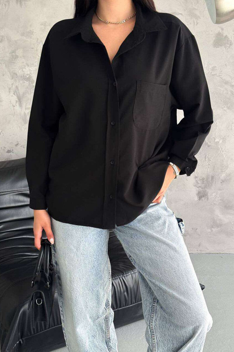 ONE COLOR SINGLE POCKET LONG SLEEVE WOMEN SHIRT BLACK/ E ZEZE - 3