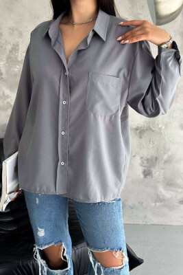 ONE COLOR SINGLE POCKET LONG SLEEVE WOMEN SHIRT GREY/GRI 