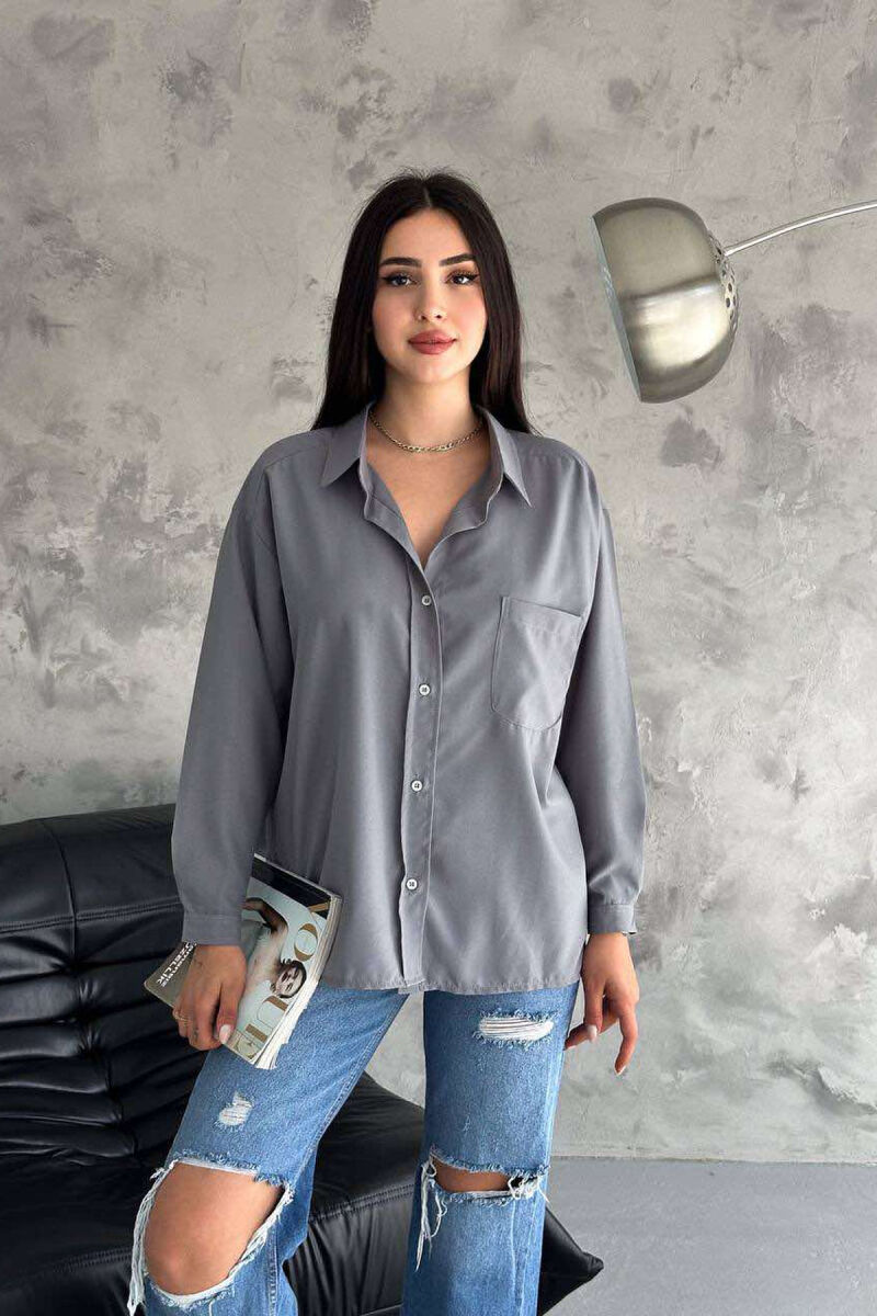 ONE COLOR SINGLE POCKET LONG SLEEVE WOMEN SHIRT GREY/GRI - 2