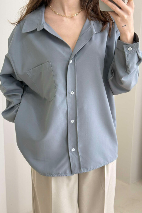 ONE COLOR SINGLE POCKET LONG SLEEVE WOMEN SHIRT GREY/GRI - 2
