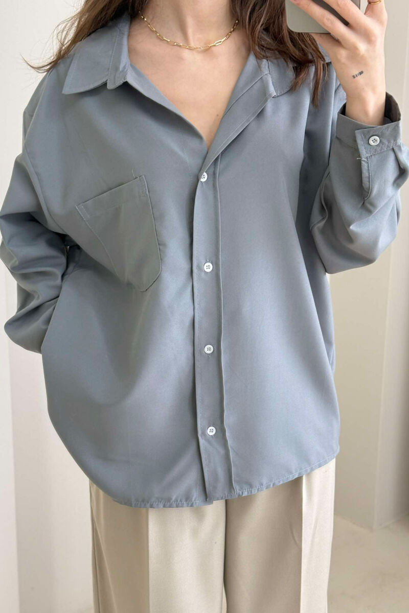 ONE COLOR SINGLE POCKET LONG SLEEVE WOMEN SHIRT GREY/GRI - 2