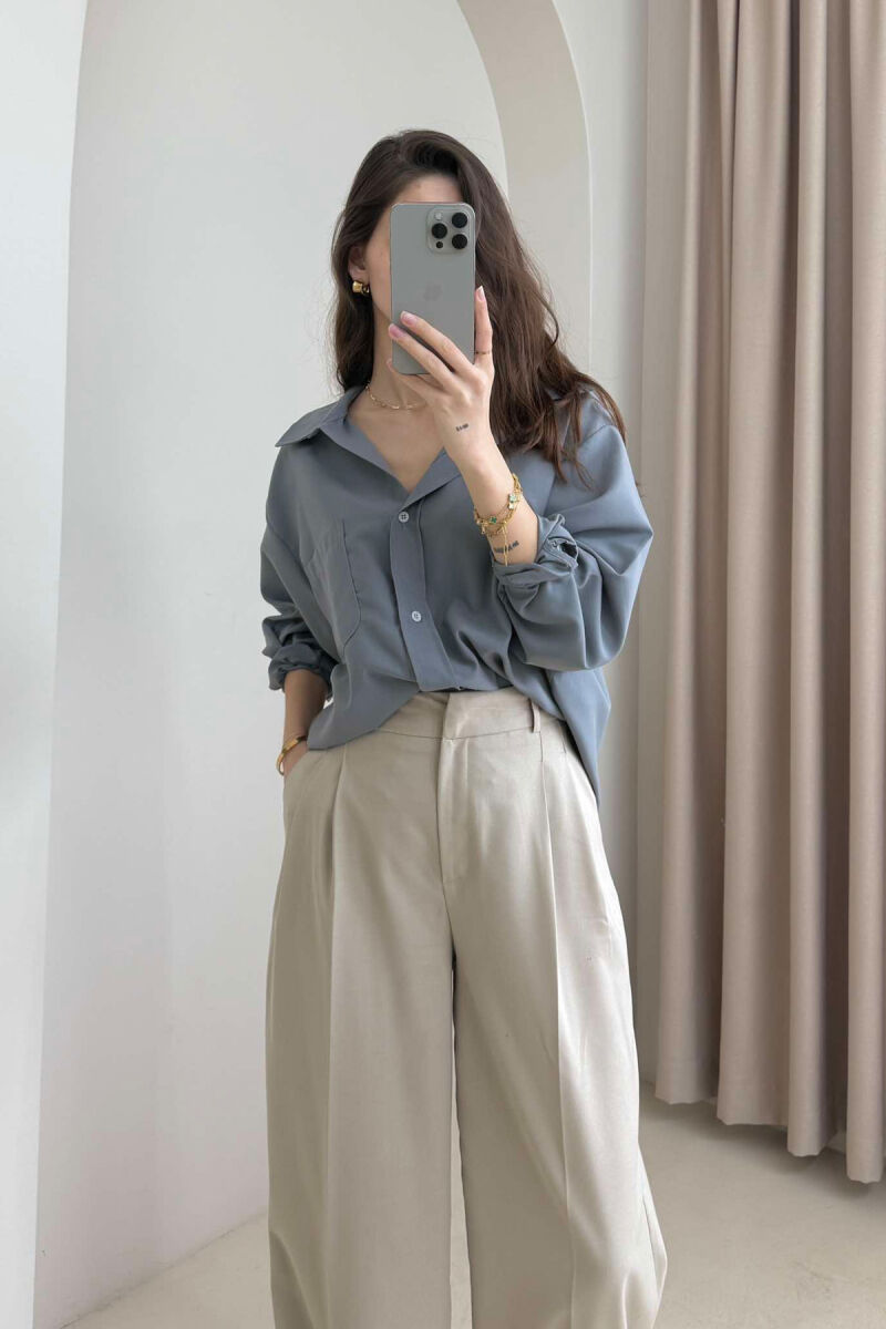 ONE COLOR SINGLE POCKET LONG SLEEVE WOMEN SHIRT GREY/GRI - 3