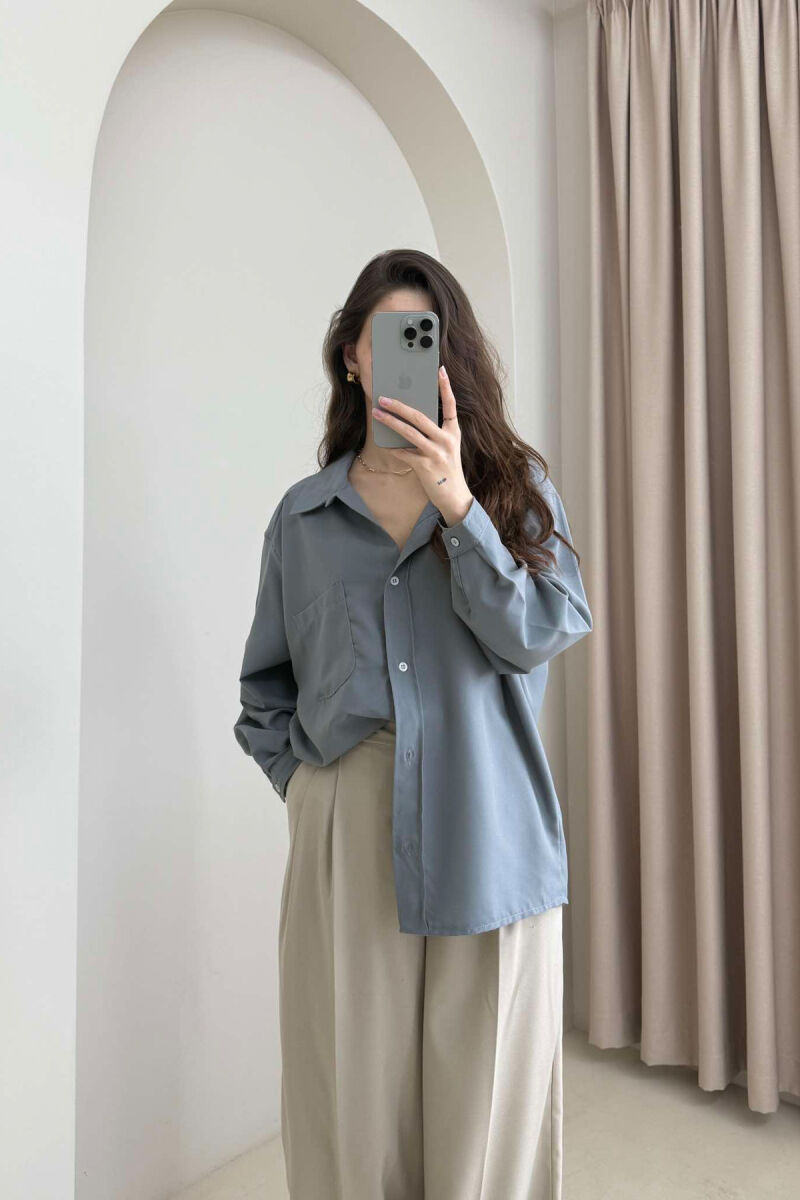 ONE COLOR SINGLE POCKET LONG SLEEVE WOMEN SHIRT GREY/GRI - 4