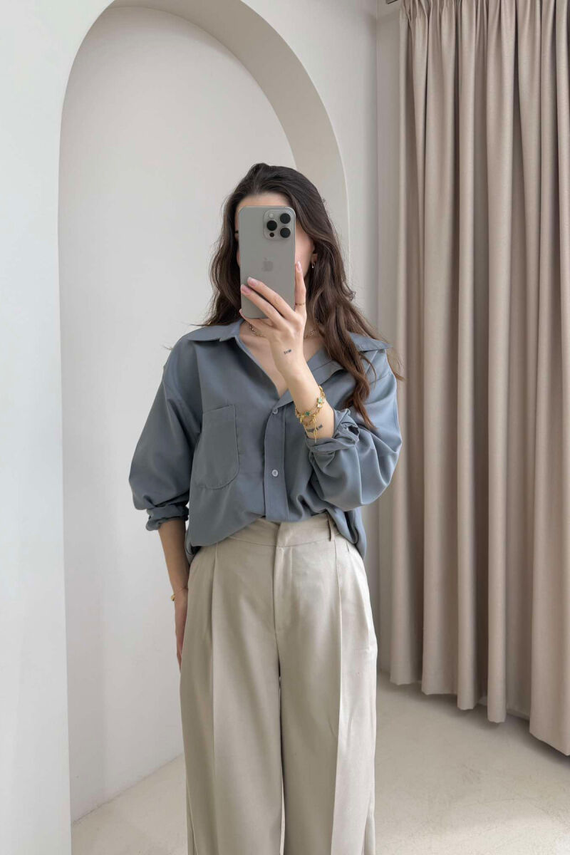 ONE COLOR SINGLE POCKET LONG SLEEVE WOMEN SHIRT GREY/GRI - 5