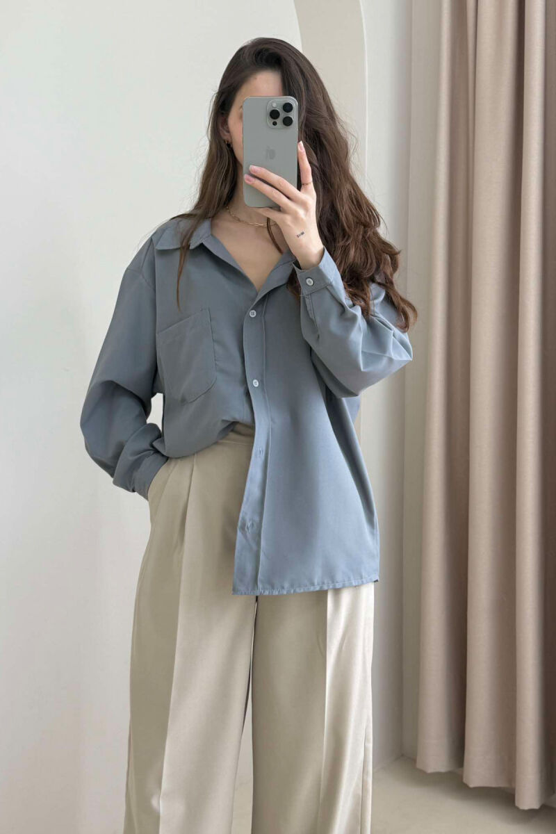 ONE COLOR SINGLE POCKET LONG SLEEVE WOMEN SHIRT GREY/GRI - 7