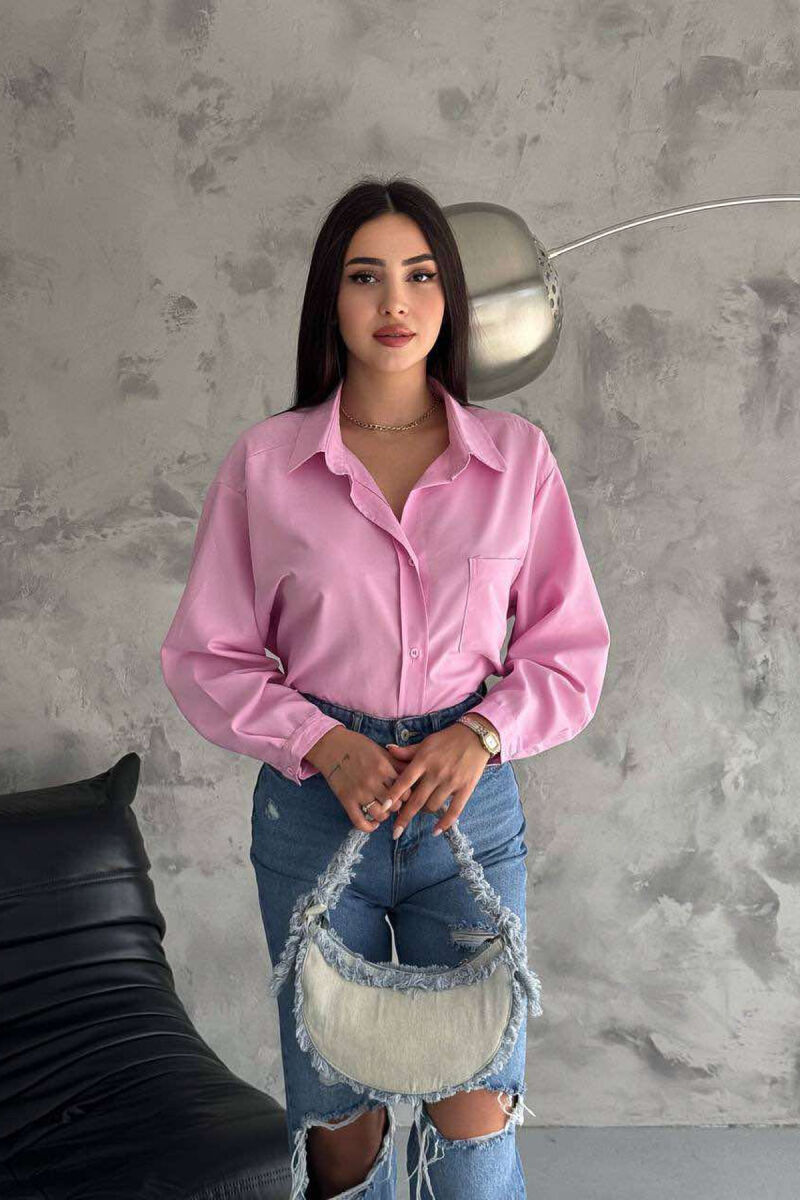 ONE COLOR SINGLE POCKET LONG SLEEVE WOMEN SHIRT PINK/ROZE - 2