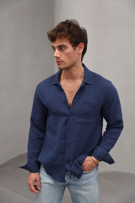 ONE COLOR SINGLE POCKET MEN SHIRT DARK BLUE/BEE 