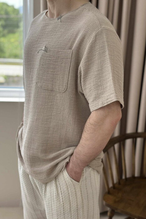 ONE COLOR SINGLE POCKET MEN T-SHIRT BEIGE/BEZHE - 4