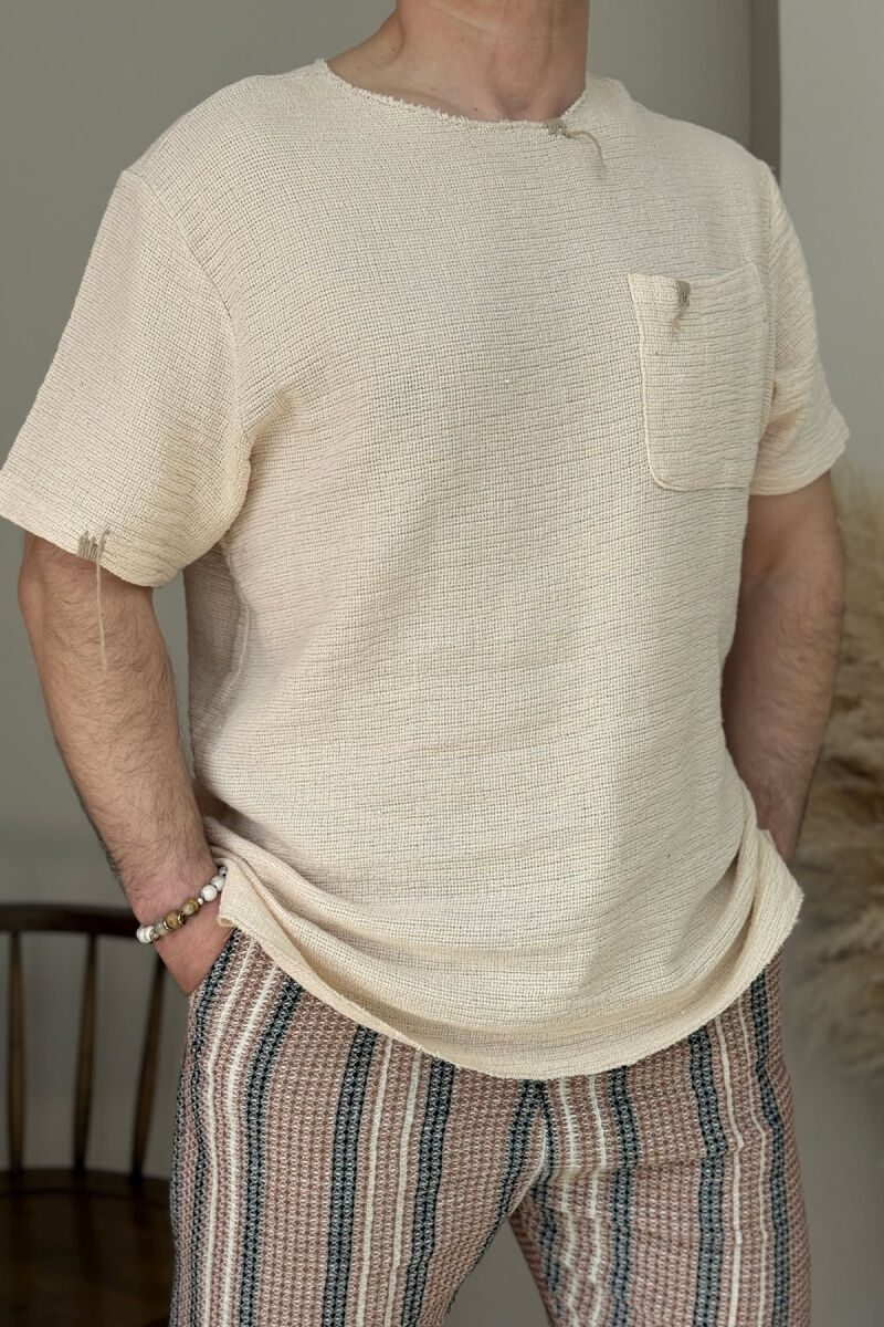 ONE COLOR SINGLE POCKET MEN T-SHIRT CREAM/KREM - 2