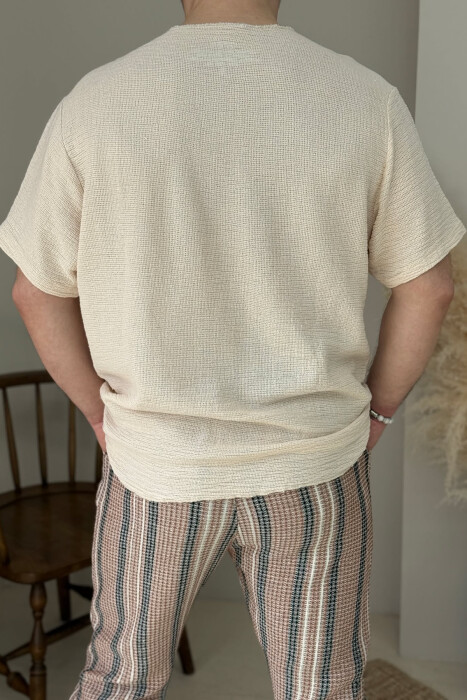 ONE COLOR SINGLE POCKET MEN T-SHIRT CREAM/KREM - 3