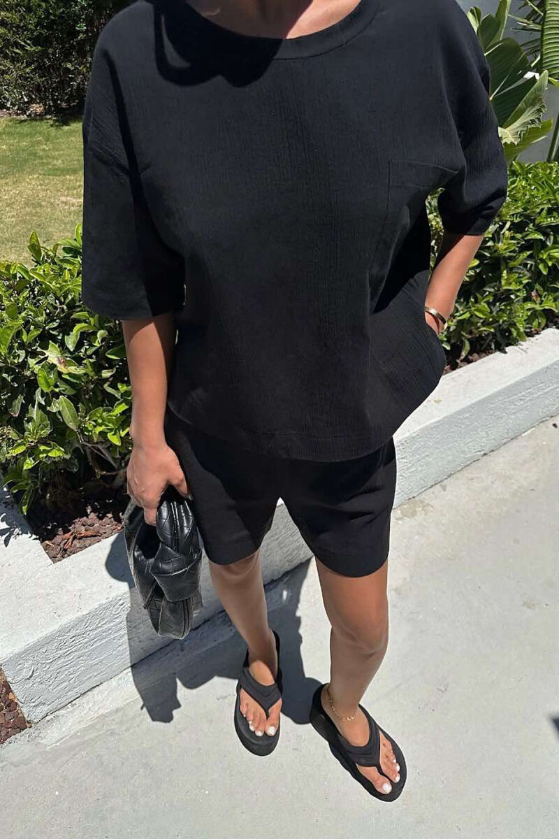 ONE COLOR SINGLE POCKET SHIRT+SHORTS WOMEN SET BLACK/ E ZEZE - 3