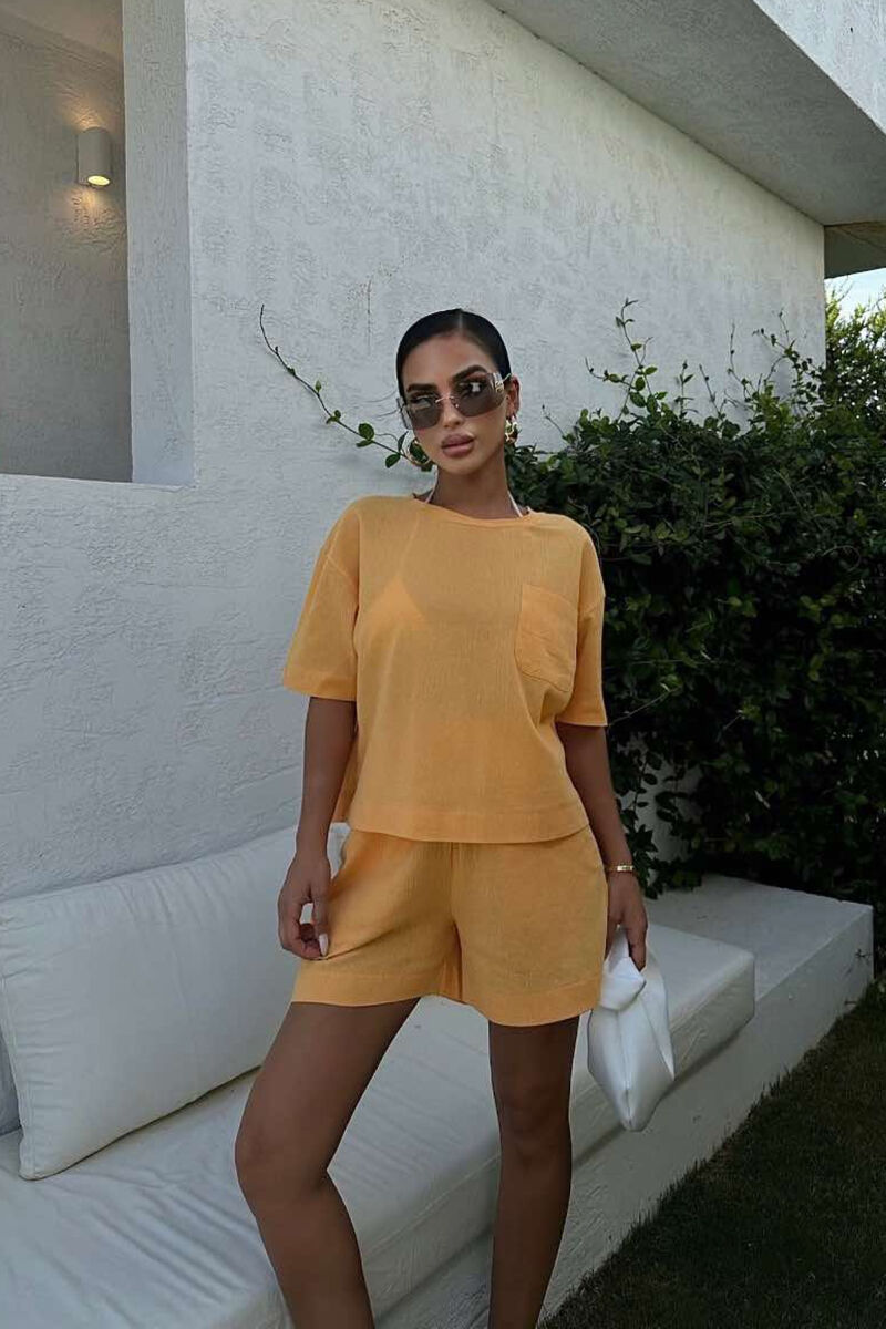 ONE COLOR SINGLE POCKET SHIRT+SHORTS WOMEN SET MUSTARD/MUSTARDE - 1