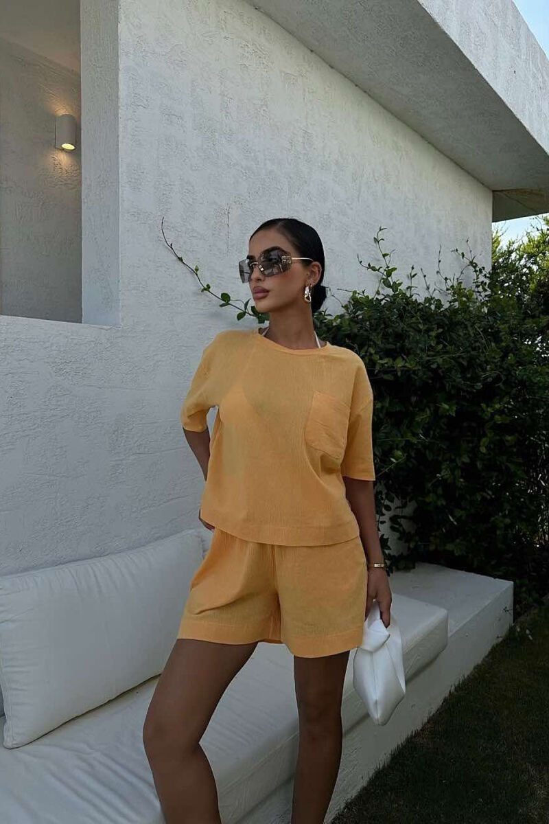 ONE COLOR SINGLE POCKET SHIRT+SHORTS WOMEN SET MUSTARD/MUSTARDE - 2