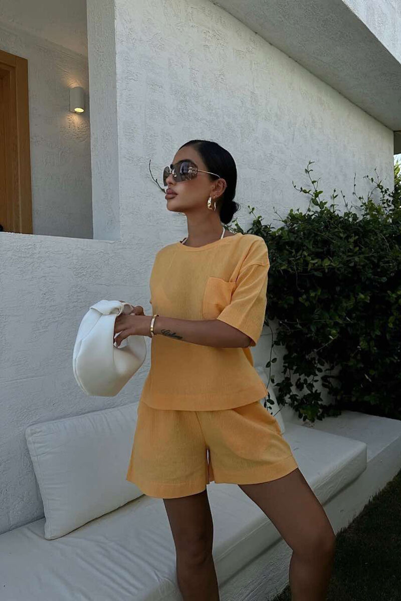 ONE COLOR SINGLE POCKET SHIRT+SHORTS WOMEN SET MUSTARD/MUSTARDE - 3