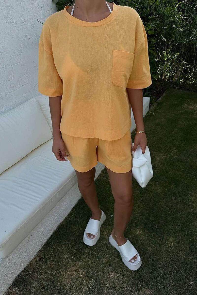 ONE COLOR SINGLE POCKET SHIRT+SHORTS WOMEN SET MUSTARD/MUSTARDE - 4