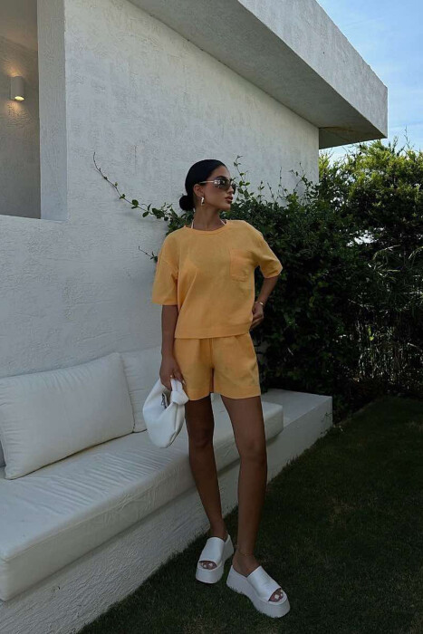 ONE COLOR SINGLE POCKET SHIRT+SHORTS WOMEN SET MUSTARD/MUSTARDE - 5