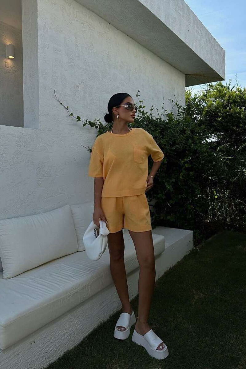 ONE COLOR SINGLE POCKET SHIRT+SHORTS WOMEN SET MUSTARD/MUSTARDE - 5