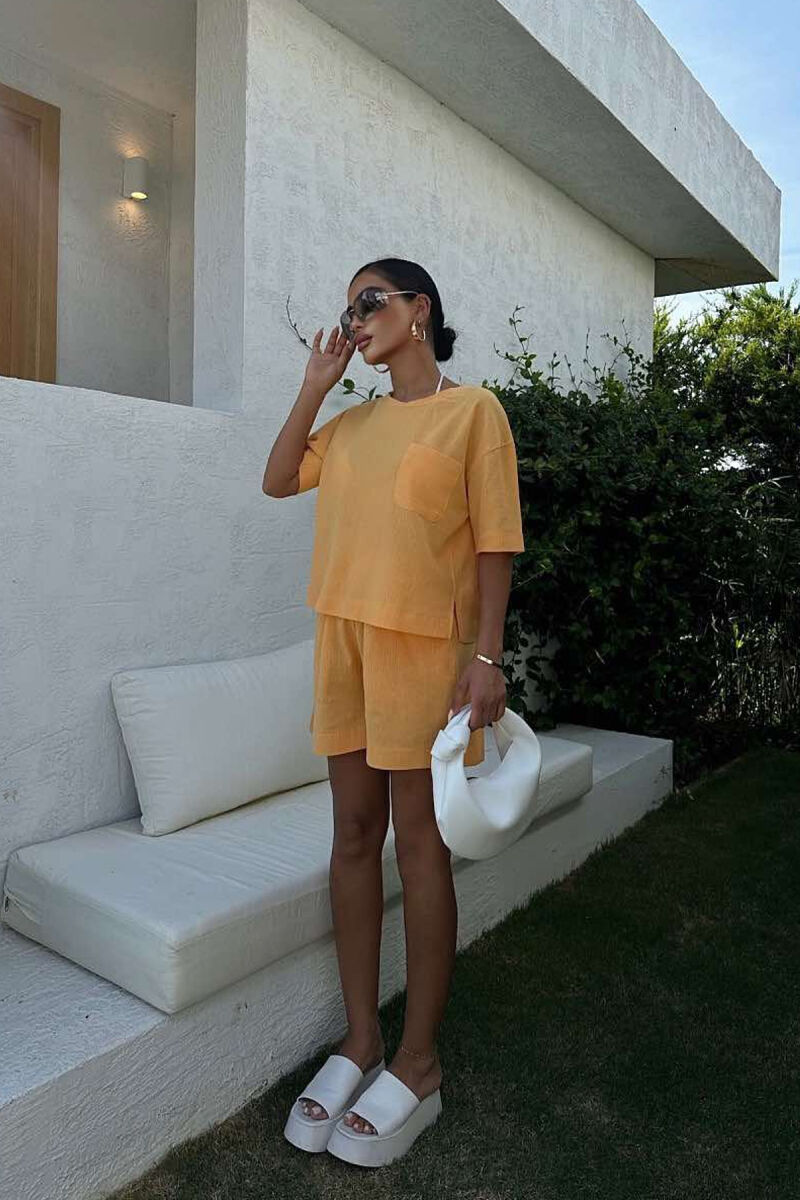 ONE COLOR SINGLE POCKET SHIRT+SHORTS WOMEN SET MUSTARD/MUSTARDE - 7