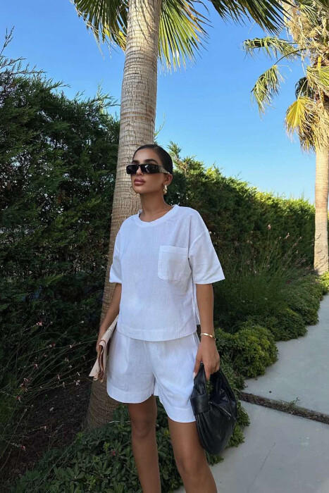 ONE COLOR SINGLE POCKET SHIRT+SHORTS WOMEN SET WHITE-E BARDHE 