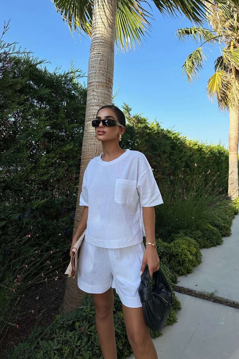 ONE COLOR SINGLE POCKET SHIRT+SHORTS WOMEN SET WHITE-E BARDHE - 1