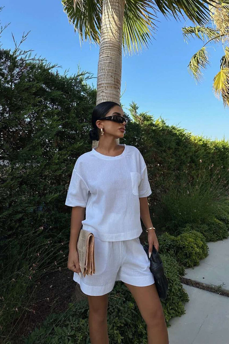 ONE COLOR SINGLE POCKET SHIRT+SHORTS WOMEN SET WHITE-E BARDHE - 3