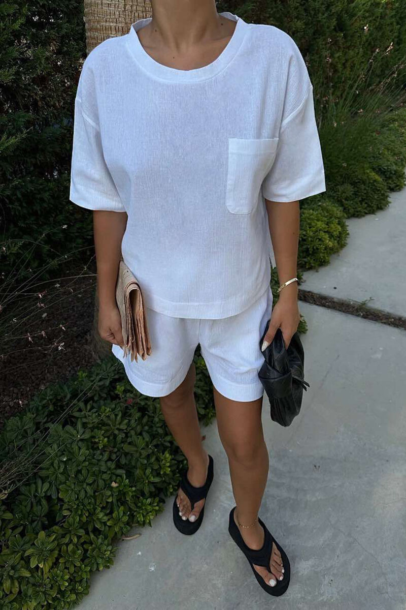 ONE COLOR SINGLE POCKET SHIRT+SHORTS WOMEN SET WHITE-E BARDHE - 4