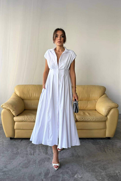 ONE COLOR SLEEVELESS BUTTONED WOMAN DRESS WHITE-E BARDHE - KLAUDIO FASHION