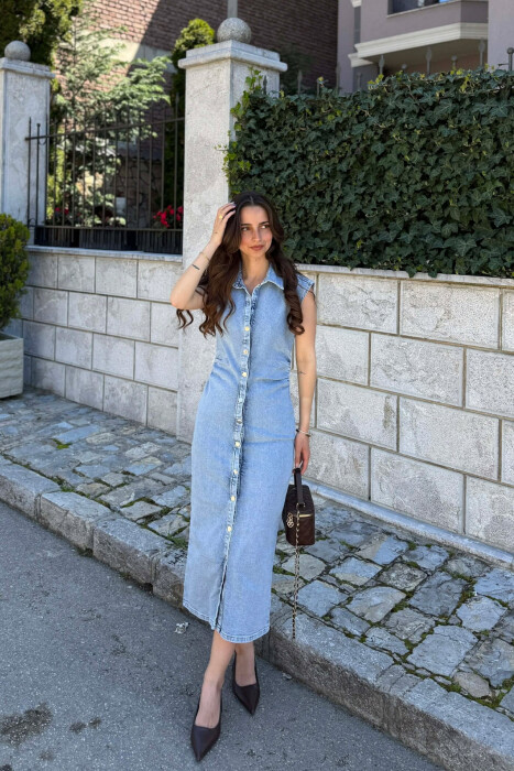 ONE COLOR SLEEVELESS DENIM WOMAN DRESS LIGHTBLUE/BZ - 1