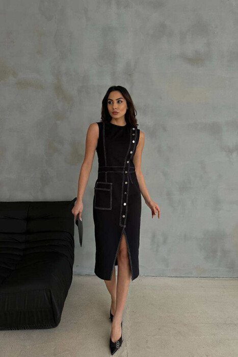 ONE COLOR SLEEVELESS DENIM WOMEN DRESS BLACK/ E ZEZE - 1