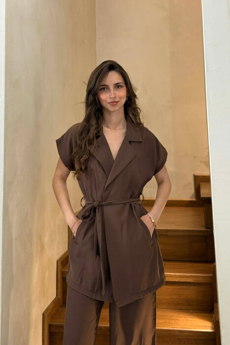 ONE COLOR SLEEVELESS LACING SHIRT+ TROUSERS WOMEN SET BROWN/KAFE - 3