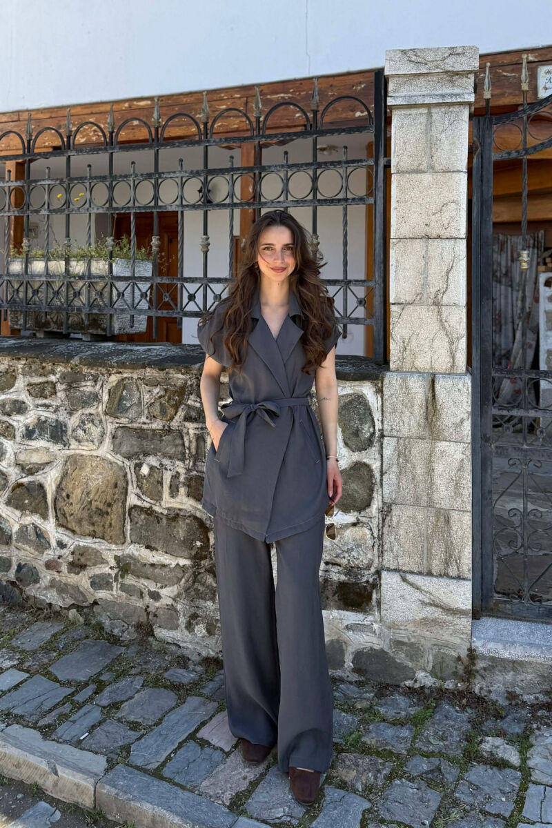 ONE COLOR SLEEVELESS LACING SHIRT+ TROUSERS WOMEN SET DARK GREY/GEE - 1