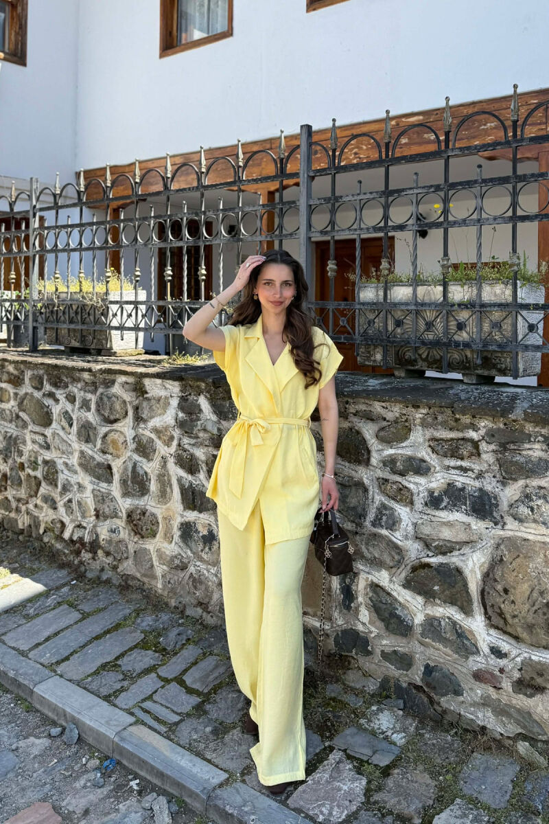 ONE COLOR SLEEVELESS LACING SHIRT+ TROUSERS WOMEN SET YELLOW/E VERDHE - 1