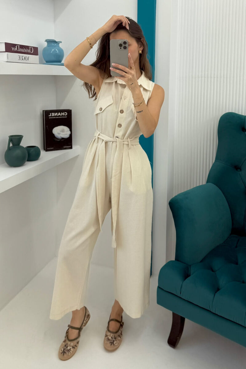 ONE COLOR SLEEVELESS LACING WOMEN JUMPSUIT CREAM/KREM - 1