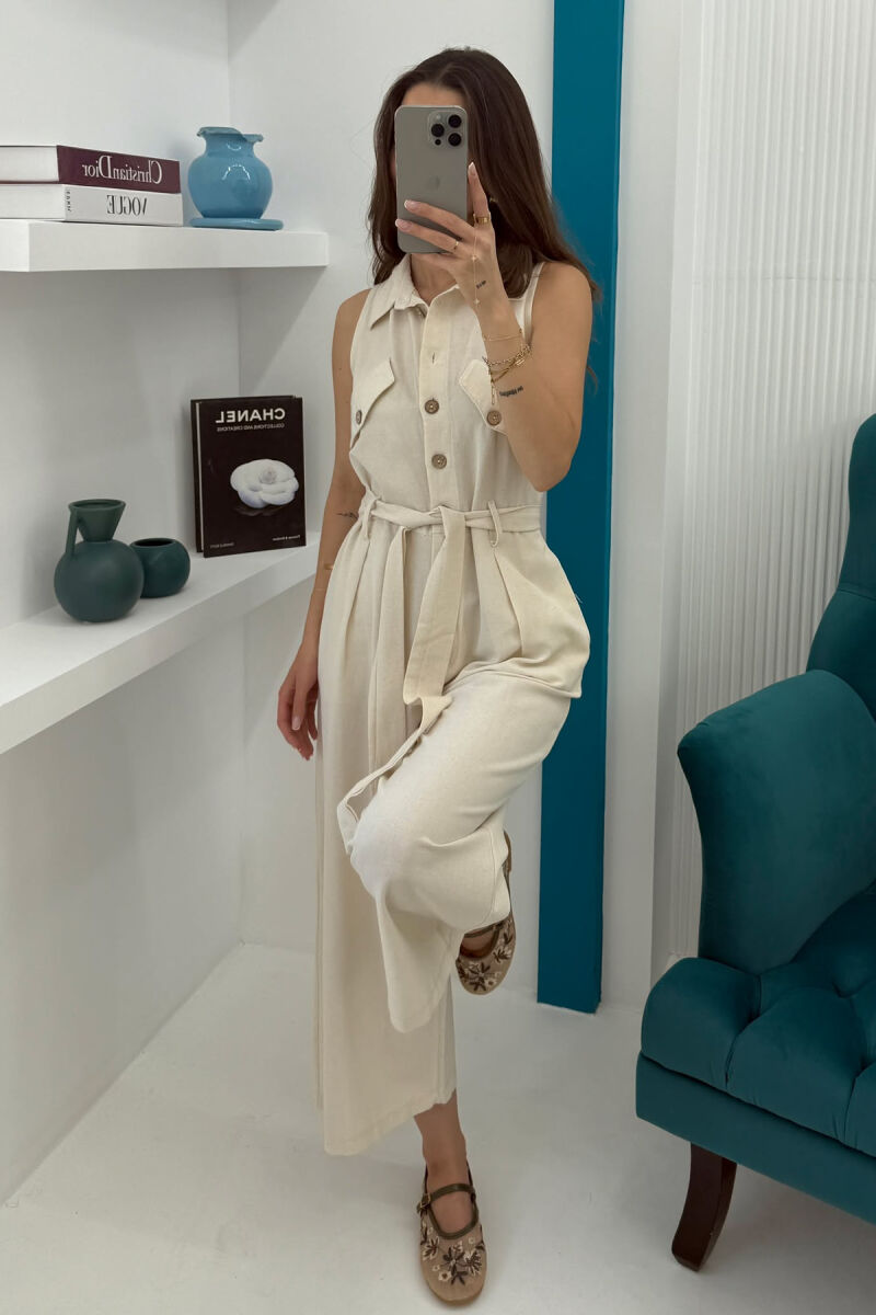 ONE COLOR SLEEVELESS LACING WOMEN JUMPSUIT CREAM/KREM - 2