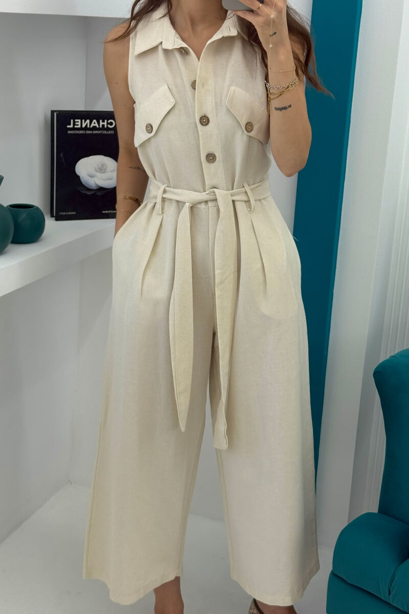 ONE COLOR SLEEVELESS LACING WOMEN JUMPSUIT CREAM/KREM - 3