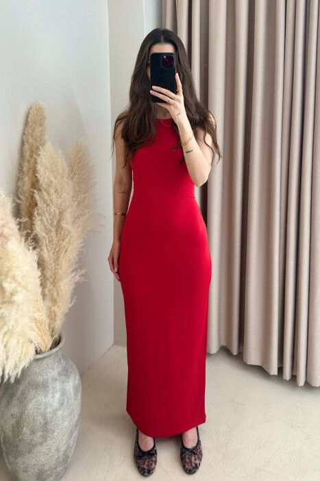 ONE COLOR SLEEVELESS LONG WOMEN DRESS RED/E KUQE 
