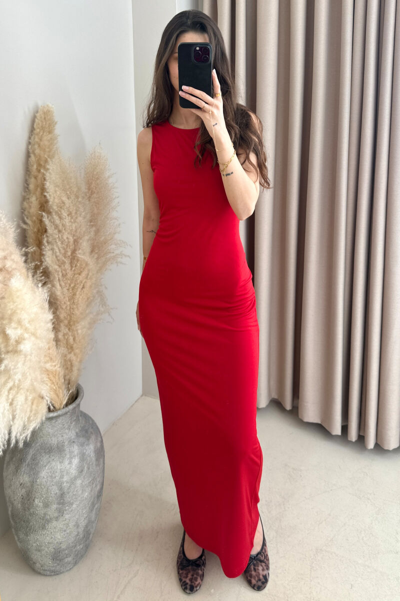 ONE COLOR SLEEVELESS LONG WOMEN DRESS RED/E KUQE - 4
