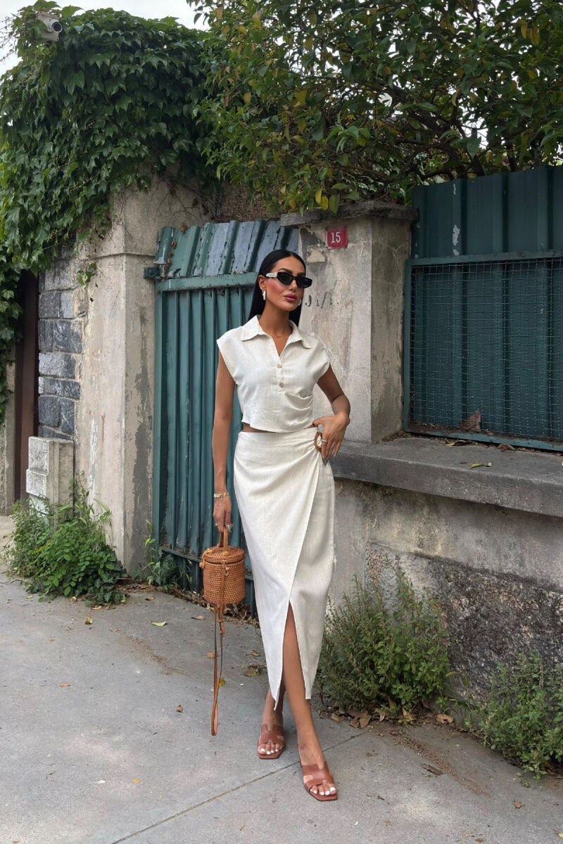 ONE COLOR SLEEVELESS SHIRT+SKIRT WOMEN SET CREAM/KREM - 1