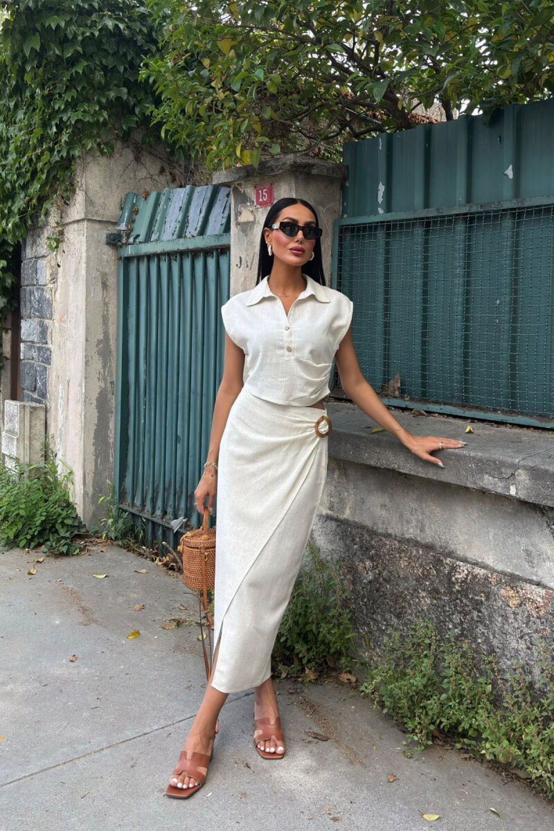 ONE COLOR SLEEVELESS SHIRT+SKIRT WOMEN SET CREAM/KREM - 2