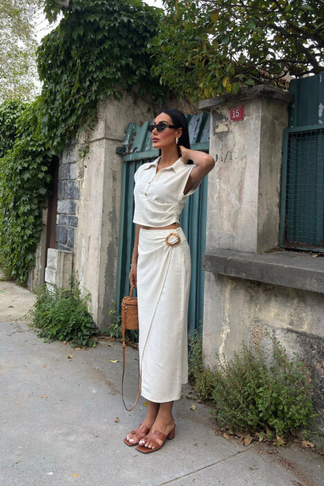 ONE COLOR SLEEVELESS SHIRT+SKIRT WOMEN SET CREAM/KREM - 3