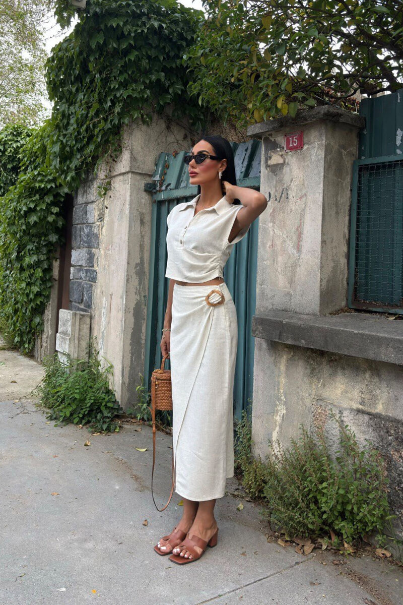 ONE COLOR SLEEVELESS SHIRT+SKIRT WOMEN SET CREAM/KREM - 3