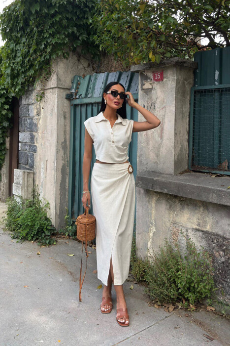 ONE COLOR SLEEVELESS SHIRT+SKIRT WOMEN SET CREAM/KREM - 4