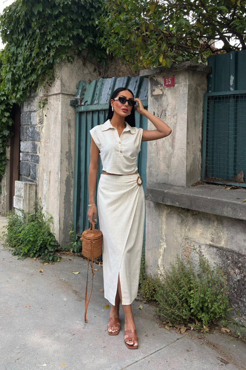 ONE COLOR SLEEVELESS SHIRT+SKIRT WOMEN SET CREAM/KREM - 4