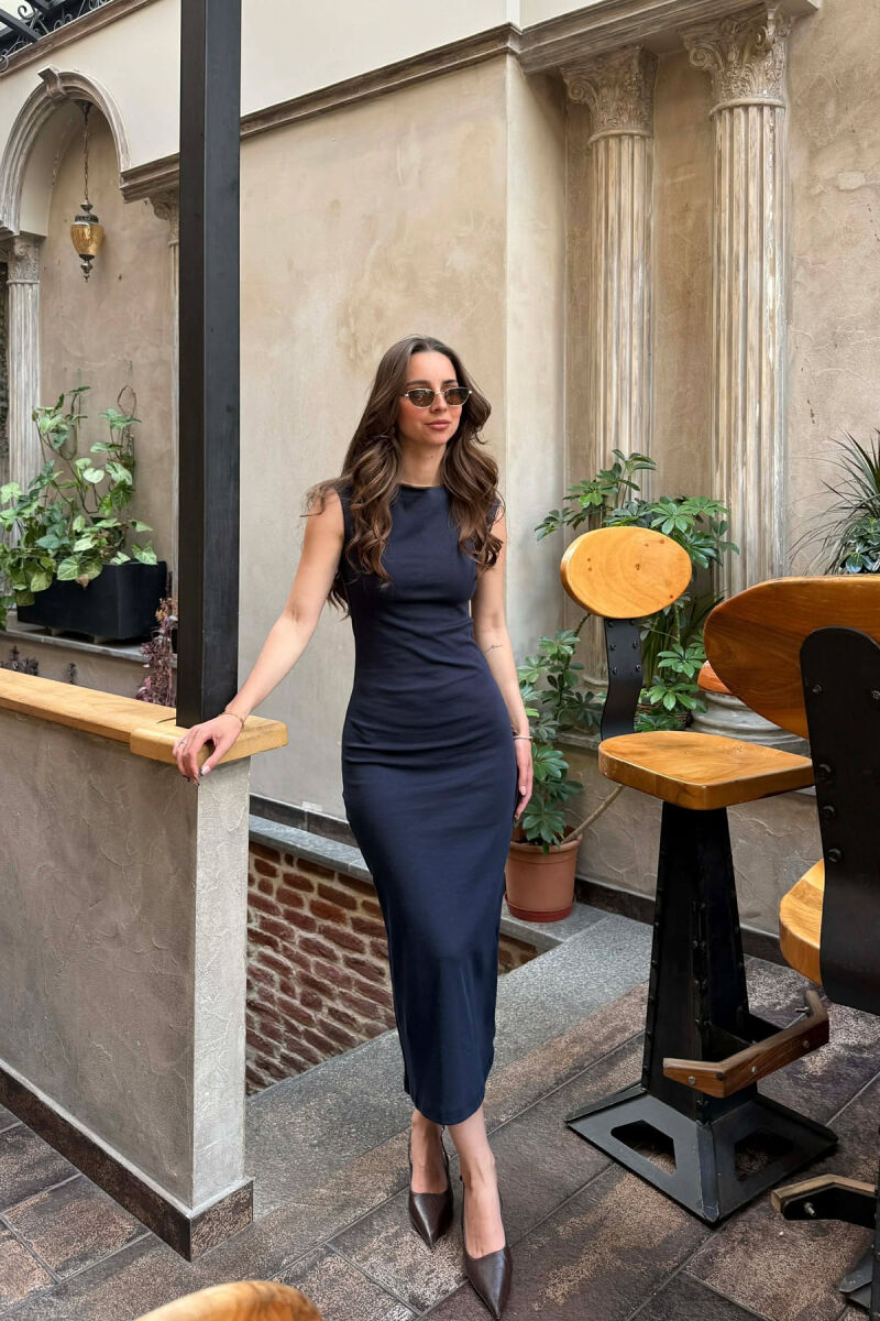 ONE COLOR SLEEVELESS WOMAN DRESS DARK BLUE/BEE - 1