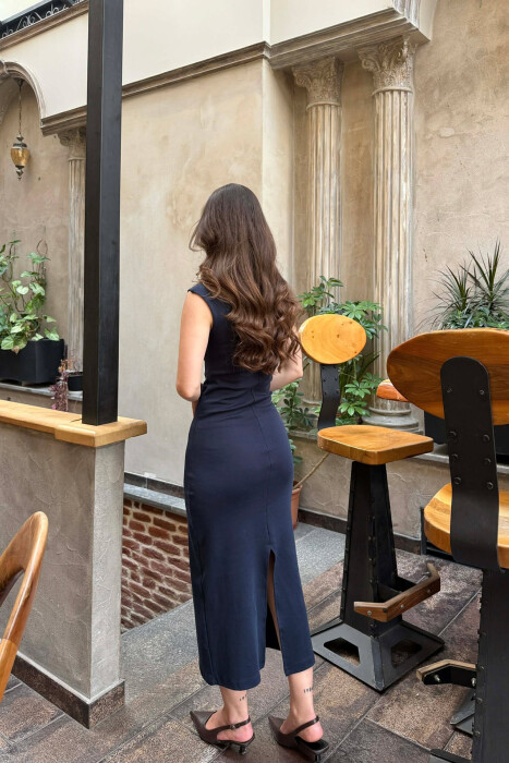 ONE COLOR SLEEVELESS WOMAN DRESS DARK BLUE/BEE - 4