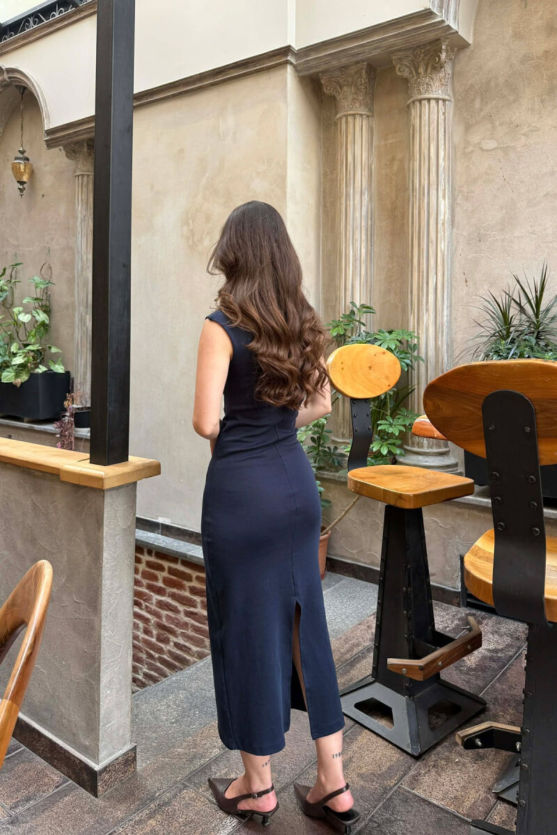 ONE COLOR SLEEVELESS WOMAN DRESS DARK BLUE/BEE - 4