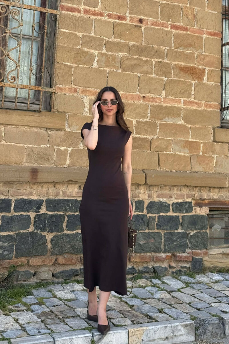 ONE COLOR SLEEVELESS WOMAN DRESS DARK BROWN/KAE - 1