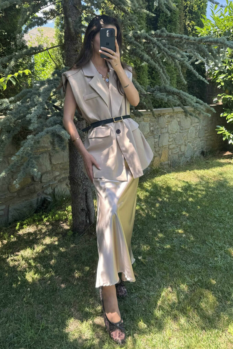 ONE COLOR SLEEVELESS WOMEN JACKET BEIGE/BEZHE - 5