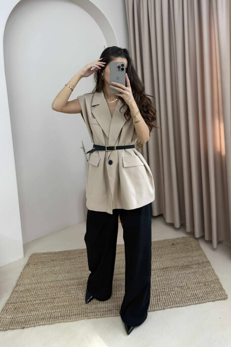 ONE COLOR SLEEVELESS WOMEN JACKET BEIGE/BEZHE - 2